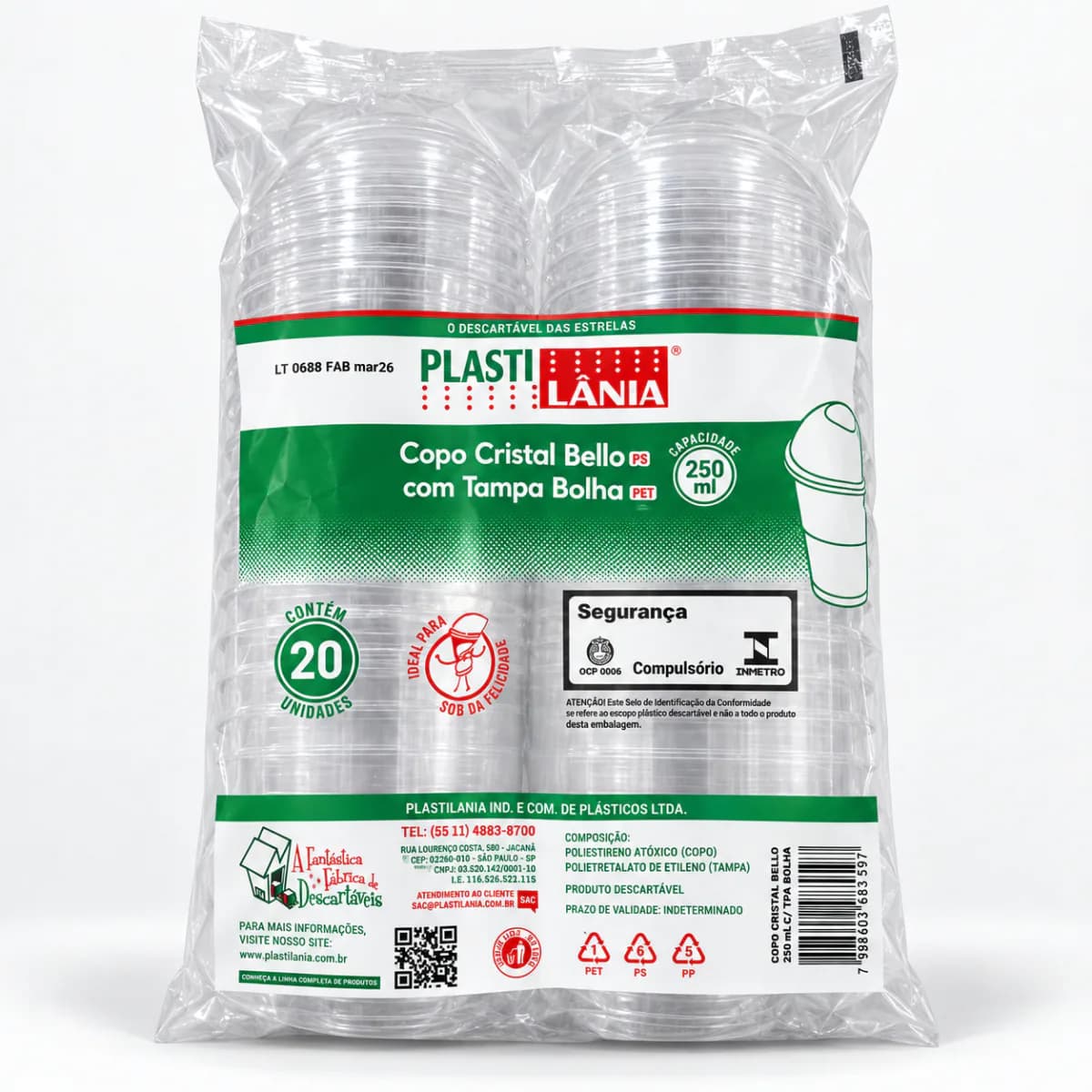 Copo Cristal Bello Plasti Lânia com tampa bolha